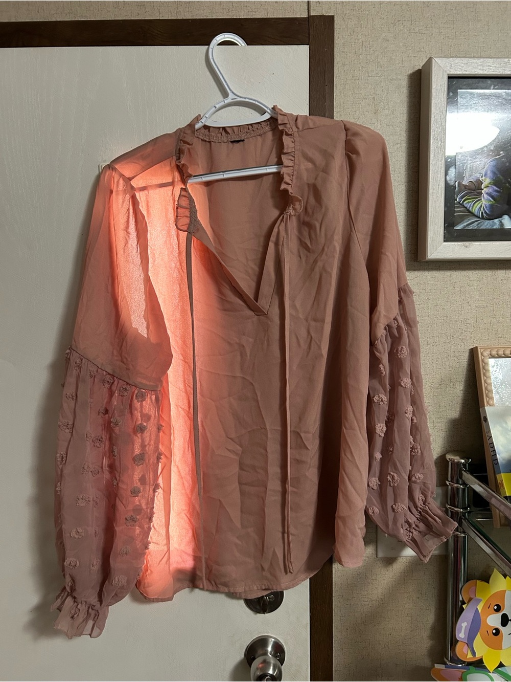 SHEIN Blush Pink Ruffle Neck Textured Sleeve Blouse